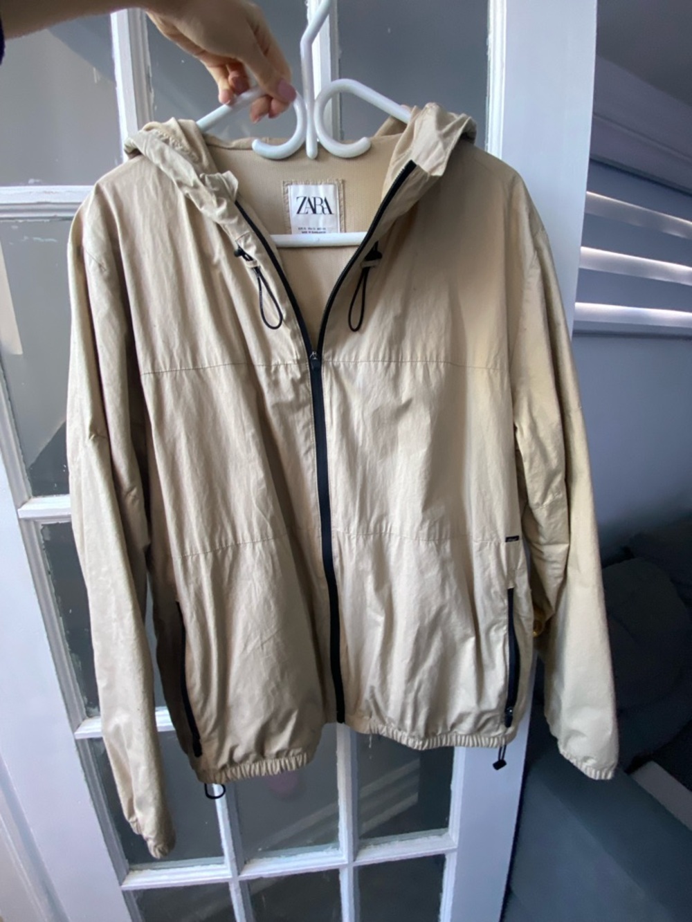 ZARA Light Beige Hooded Windbreaker with Black Trim